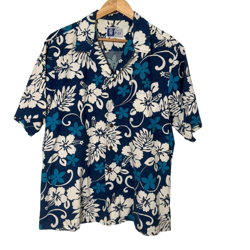 RJC Hawaiian Shirt Mens XL Blue White Good Floral Hibiscus Cotton Button Down